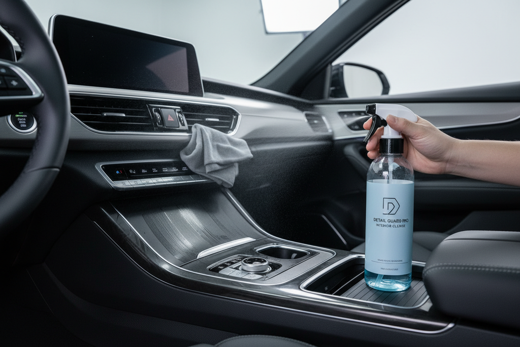 Interior detailer spray cleaning car dashboard