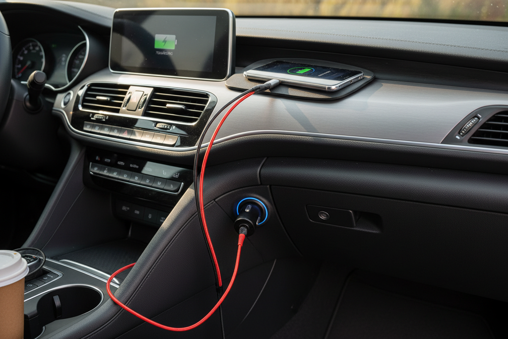 USB car charger plugged in with phone charging on dashboard