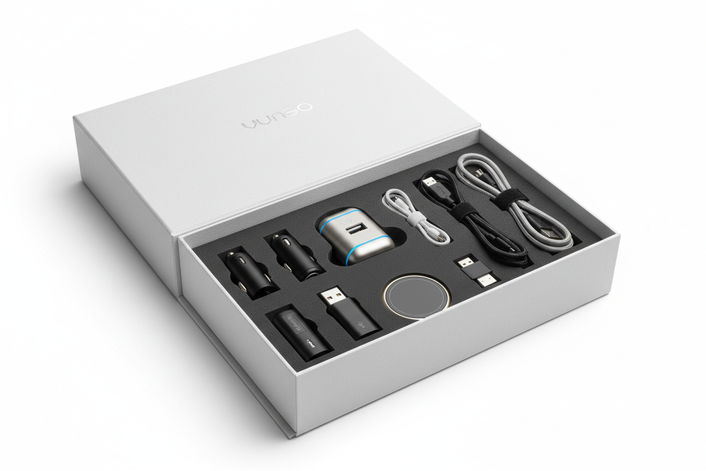 Car charger accessories set in gift box packaging