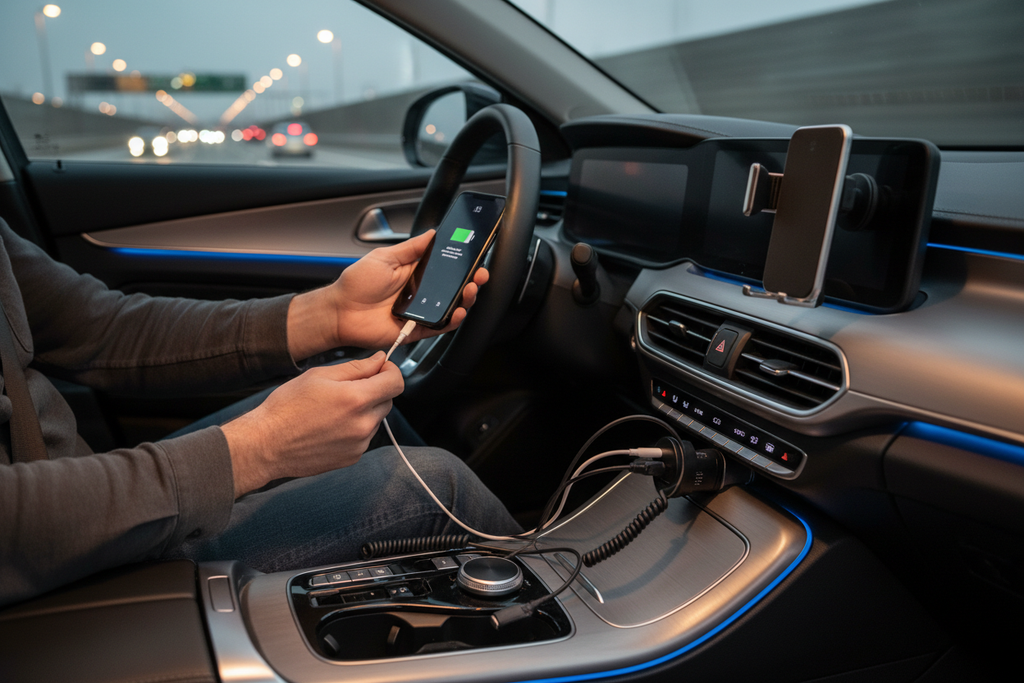 Person plugging charging cable into phone in car