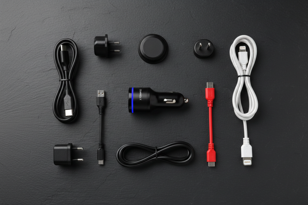 Car charger accessories set flat lay product photo