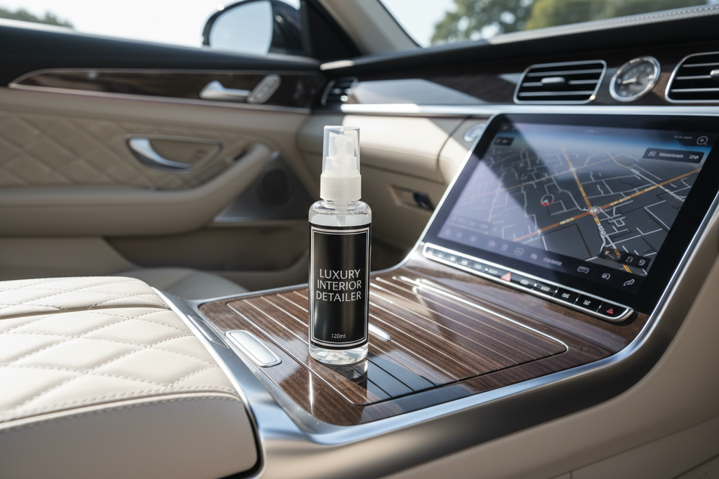 Interior detailer spray bottle on car console