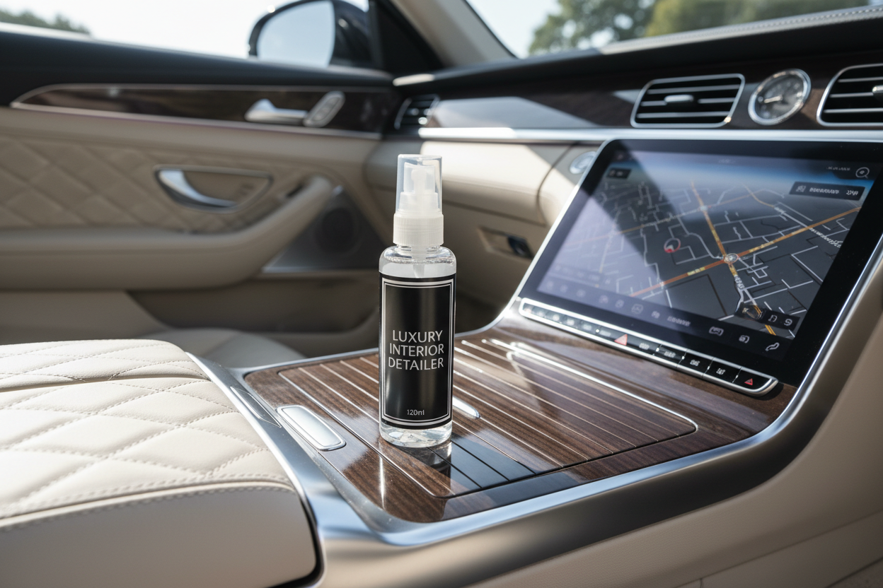 Interior detailer spray bottle on car console