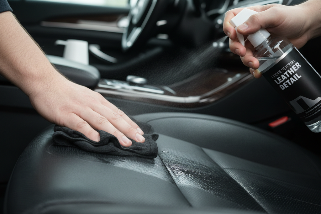 Person wiping car leather seats with interior detailer